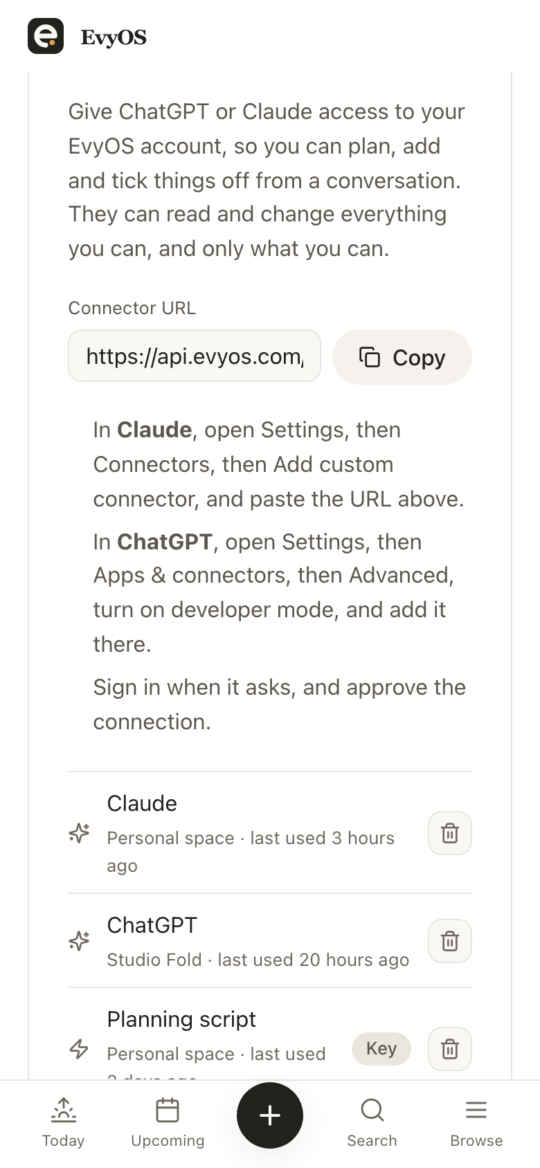 Connected assistants in EvyOS settings: the connector URL, the setup steps for Claude and ChatGPT, and each connection with the space it can reach and when it was last used, on a phone
