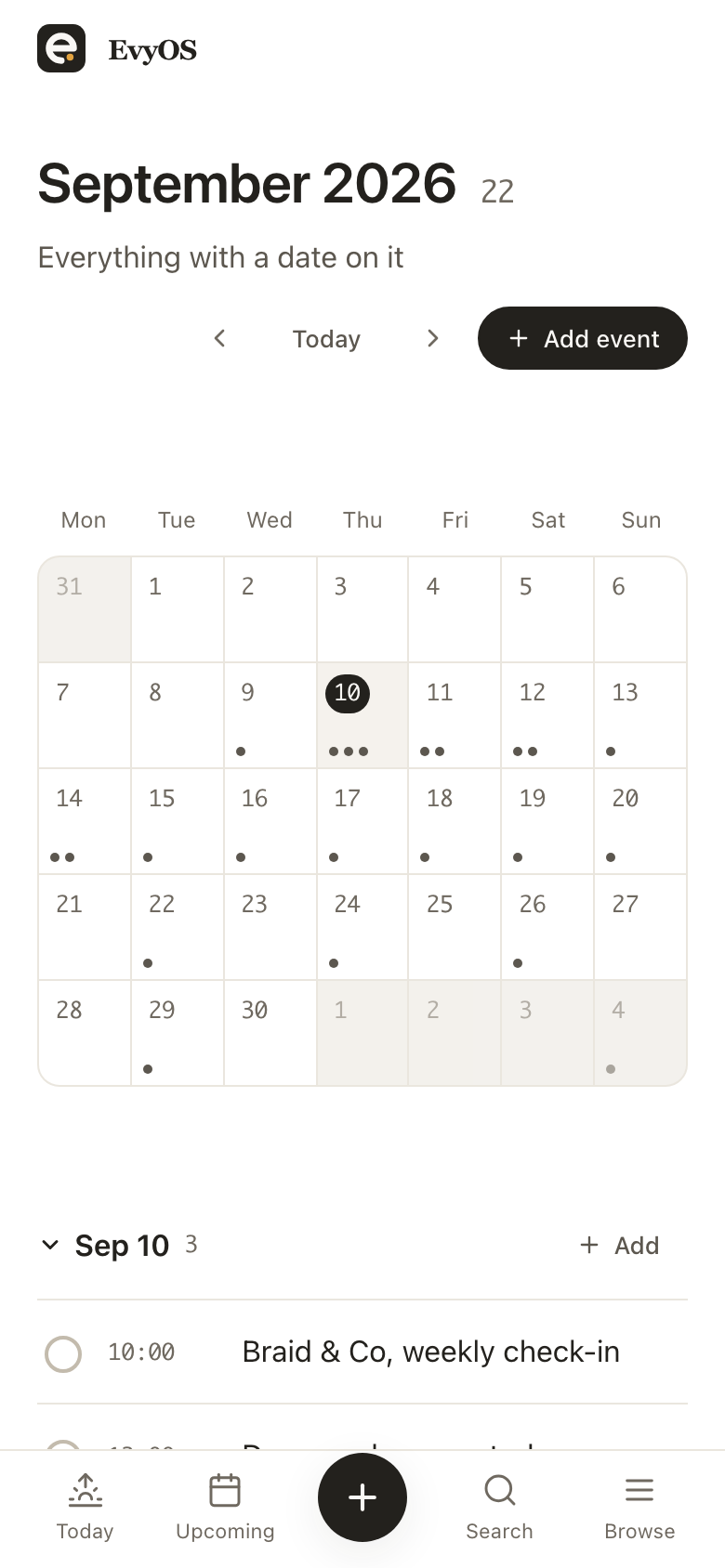 The EvyOS calendar in month view, with events on their dates and a panel showing the selected day's events with their times and durations, on a phone