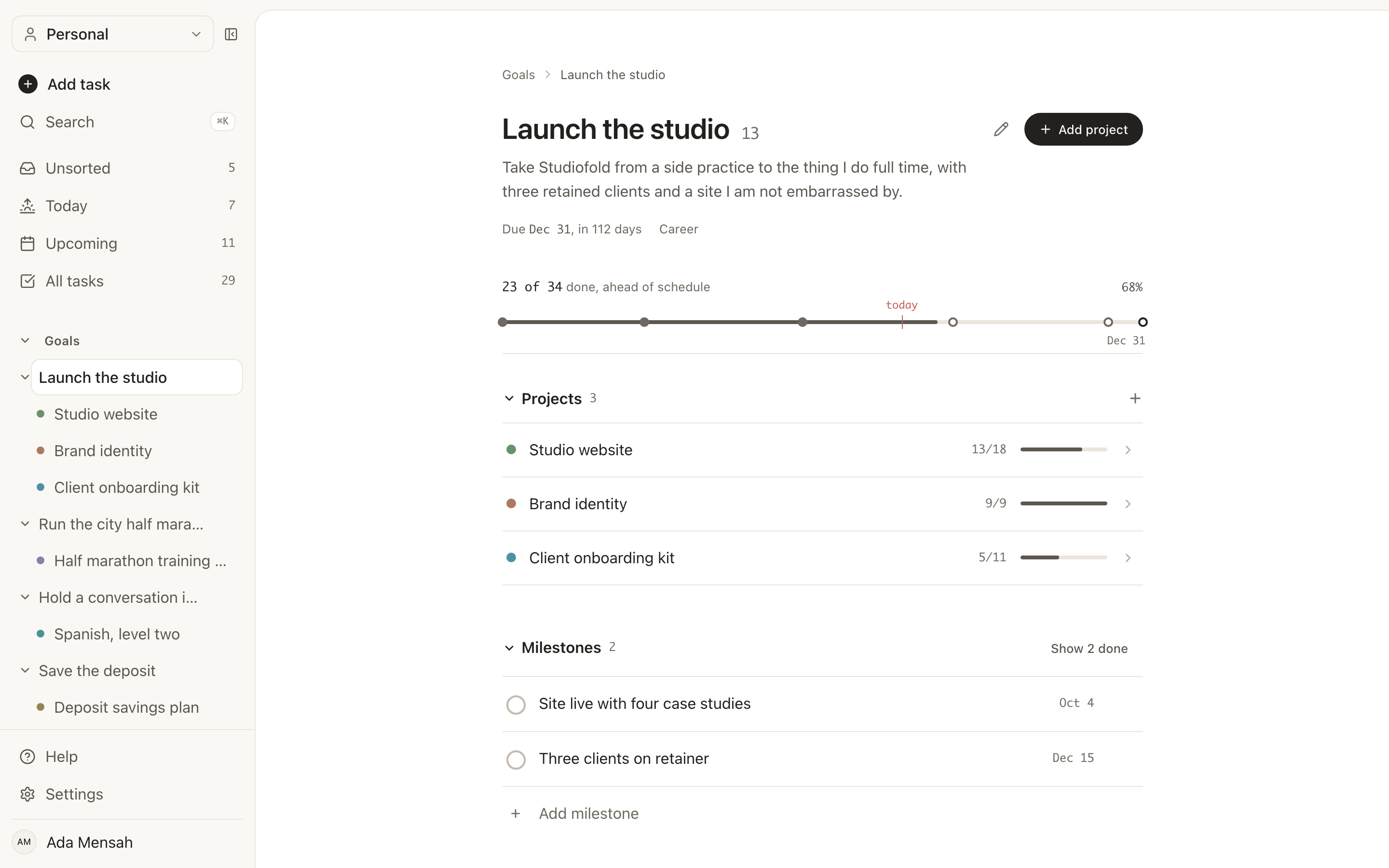 A goal in EvyOS, showing its milestones, the projects moving it forward, and its open tasks
