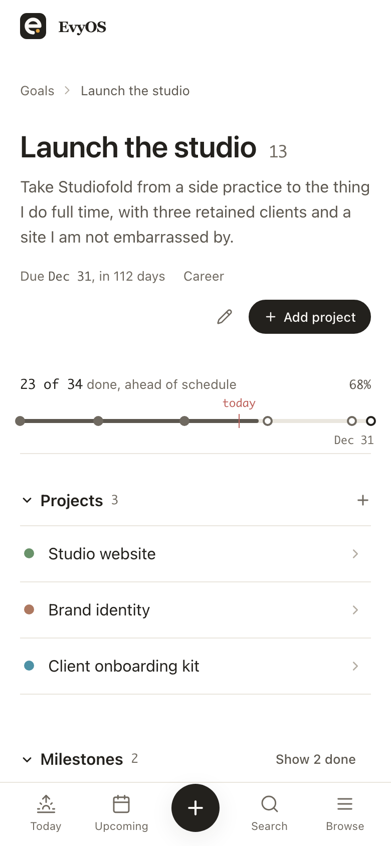 A goal in EvyOS, showing its milestones, the projects moving it forward, and its open tasks, on a phone