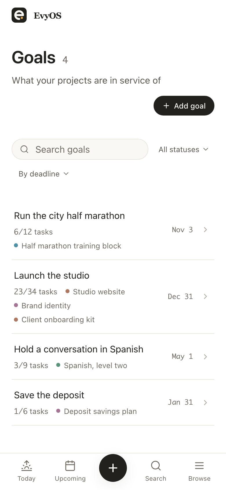 The goals list in EvyOS, each goal with its category, target date and the progress calculated from the work underneath it, on a phone