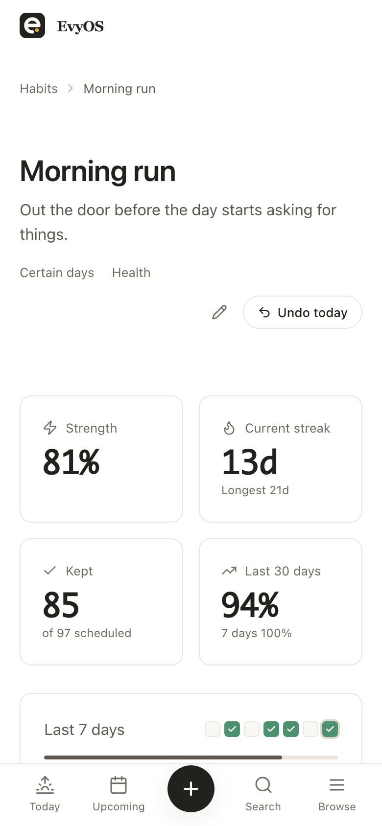 A habit in EvyOS with its streak, strength score and a year-long contribution graph, on a phone