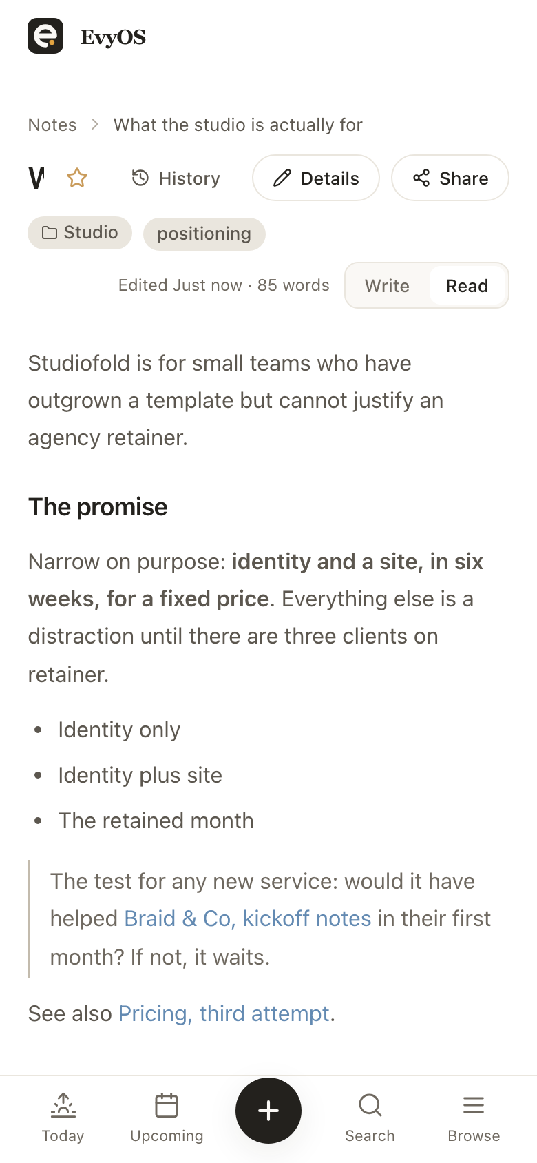 A note open in EvyOS: a markdown document with headings, a list and a quote, its folder and tag above, a word count and last-edited time, and buttons for history and details, on a phone