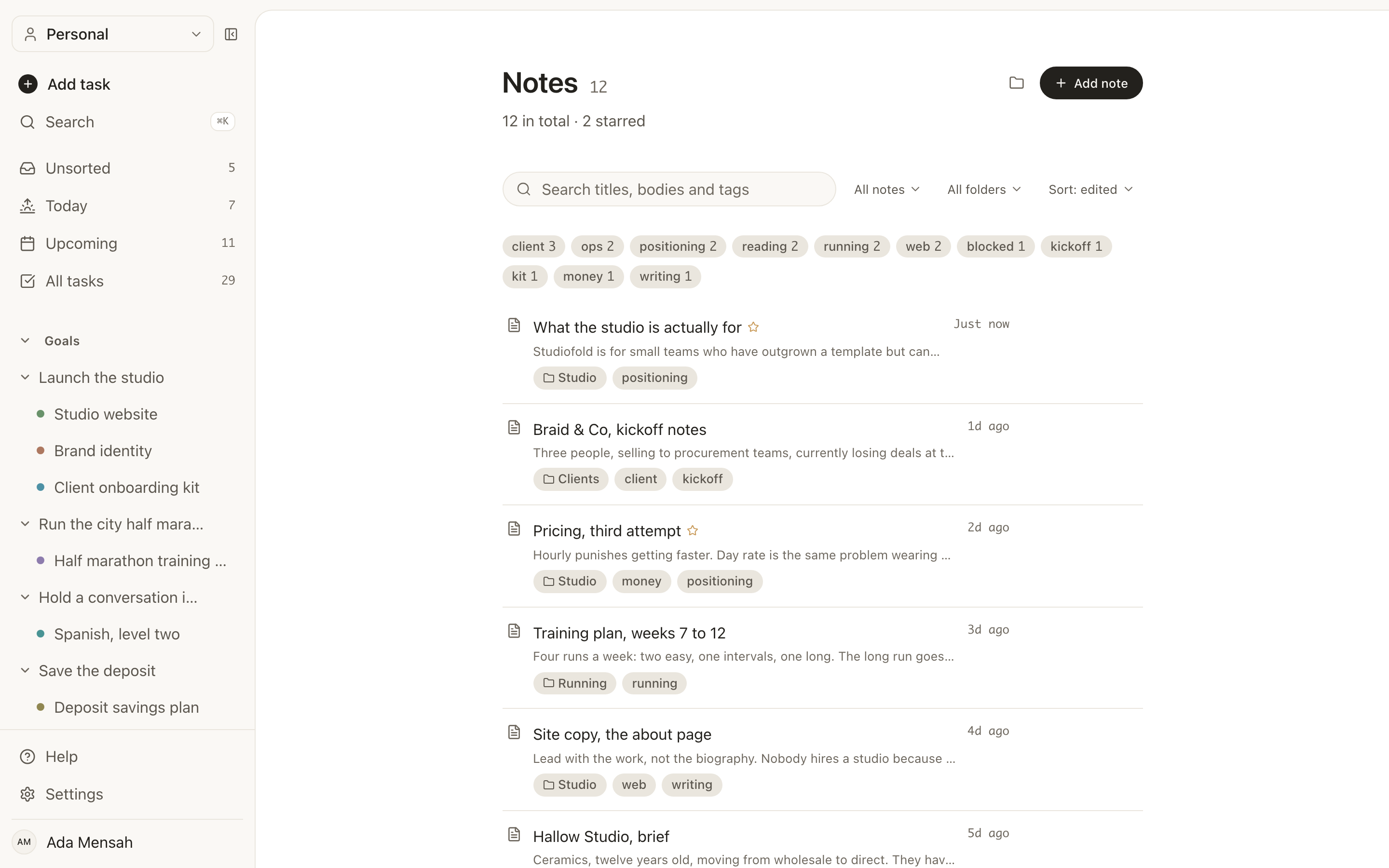 The notes list in EvyOS: a search box over titles, bodies and tags, filters for folders, a row of tags with counts, and notes showing their folder, tags and when they were last edited