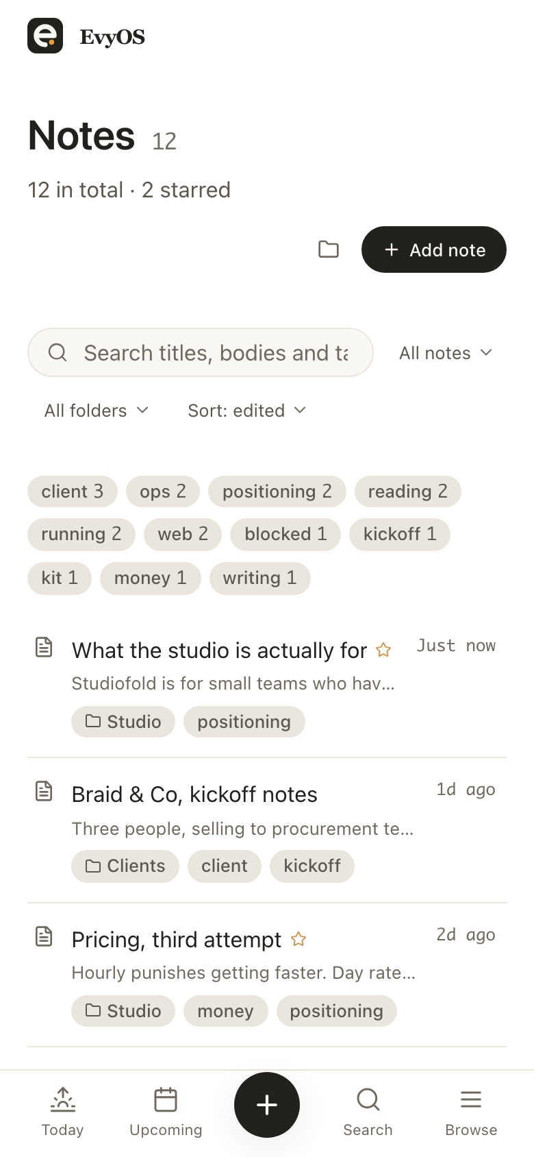 The notes list in EvyOS: a search box over titles, bodies and tags, filters for folders, a row of tags with counts, and notes showing their folder, tags and when they were last edited, on a phone