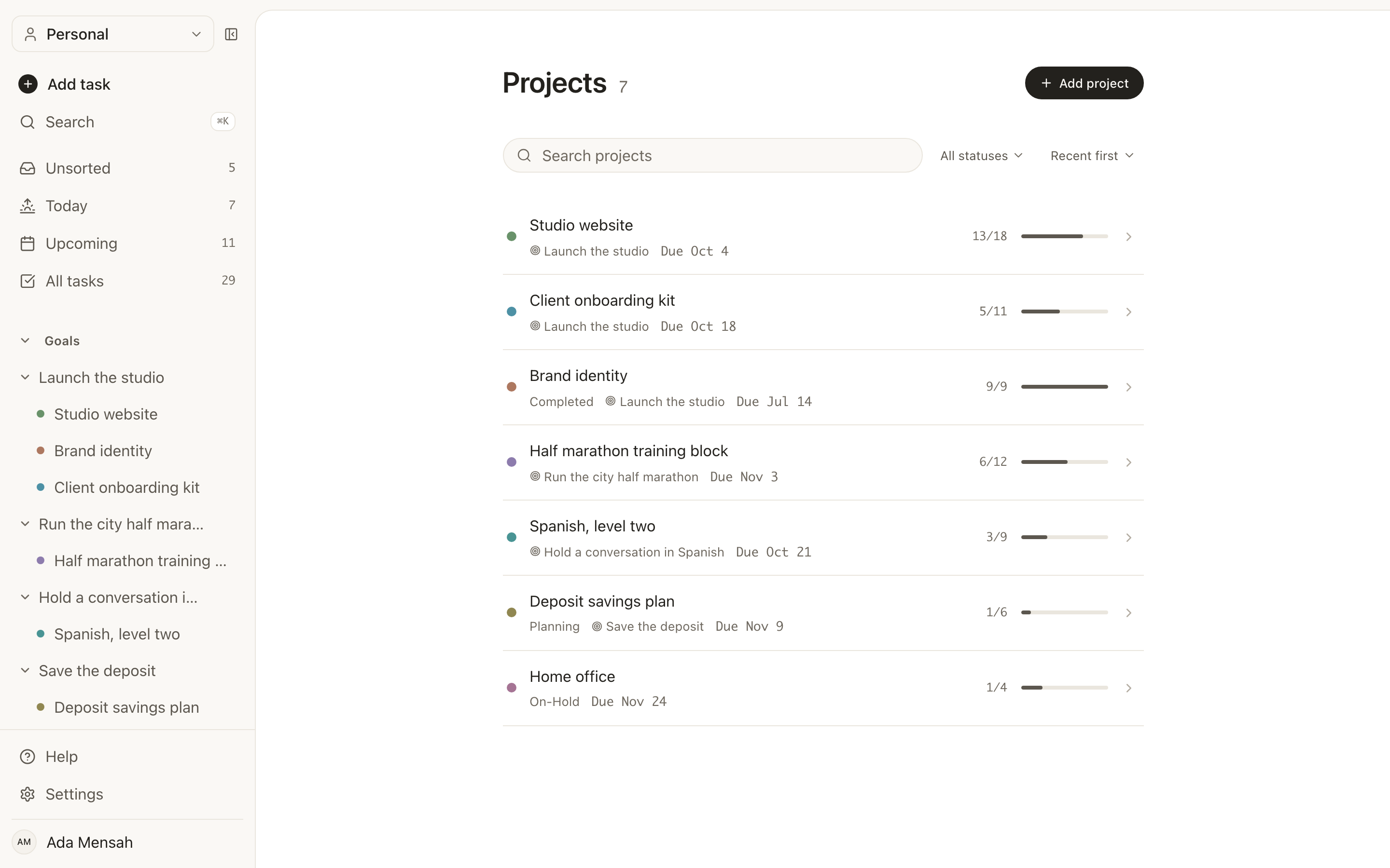 The projects list in EvyOS, each project showing its progress, deadline and number of open tasks
