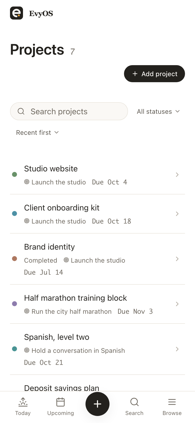 The projects list in EvyOS, each project showing its progress, deadline and number of open tasks, on a phone
