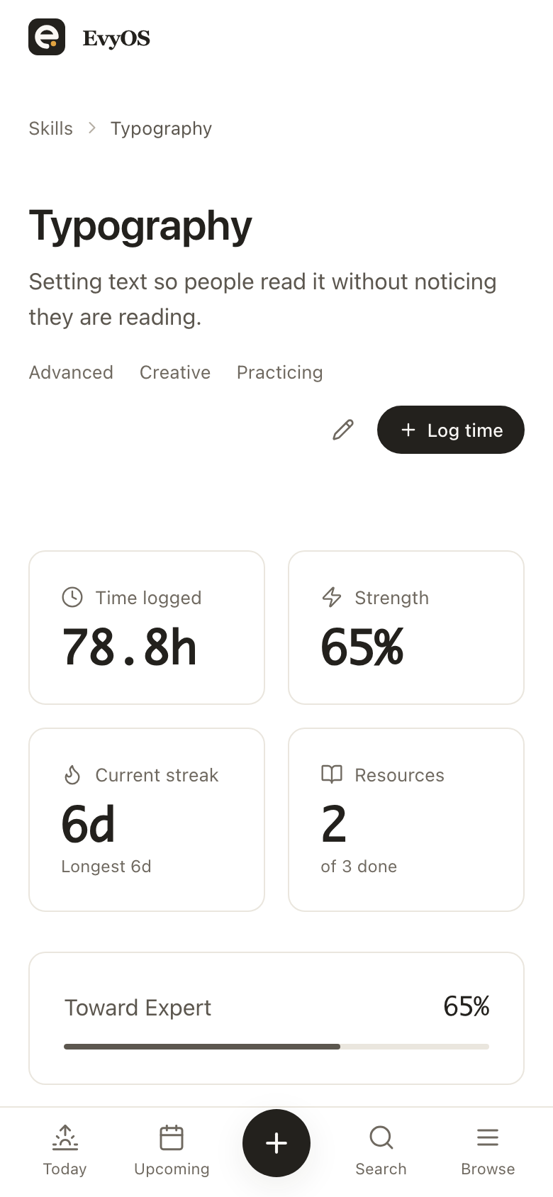 A skill in EvyOS showing logged learning sessions, linked resources and progress toward a target level, on a phone