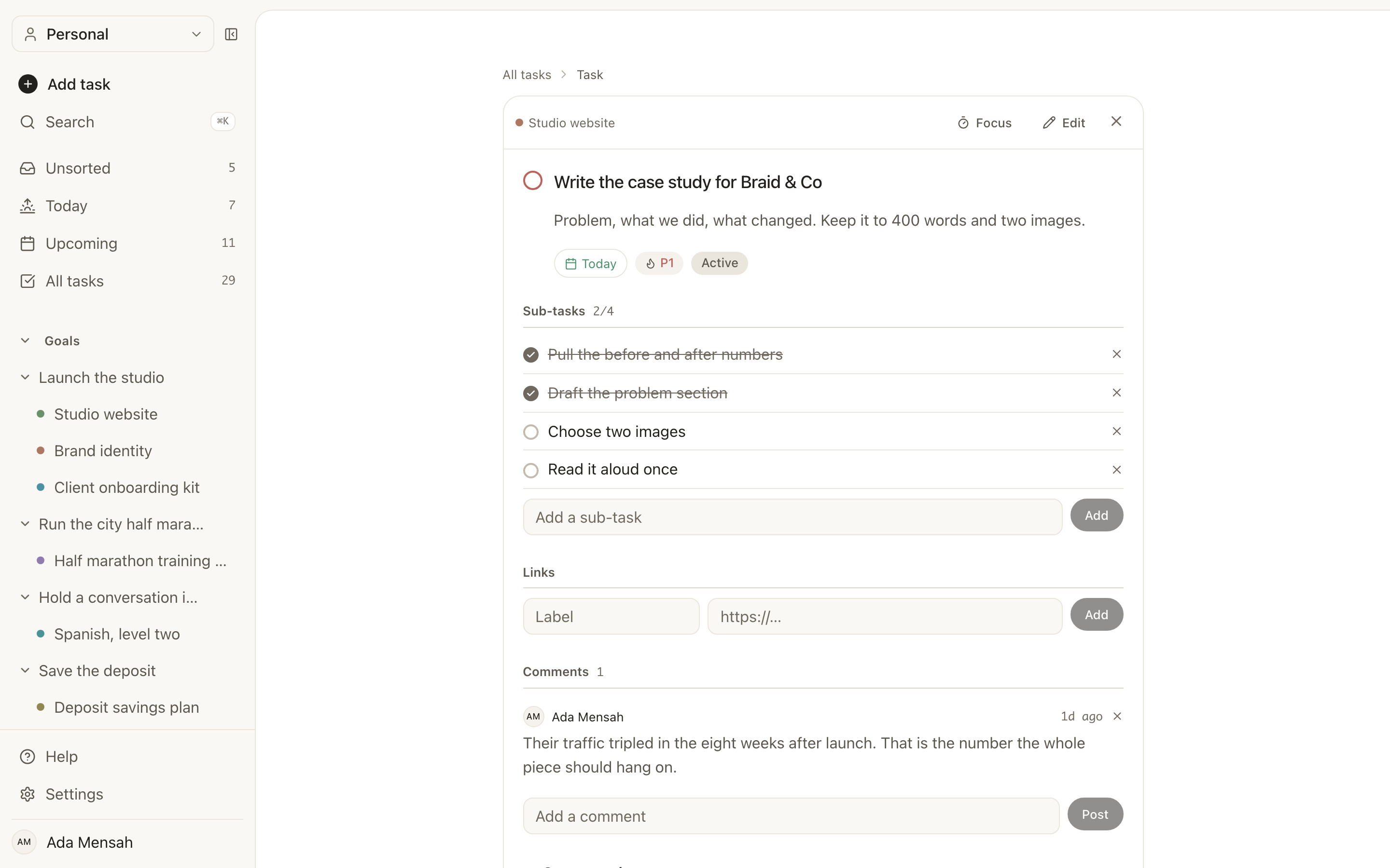 A task open in EvyOS with its project, priority, due date, subtasks and comments