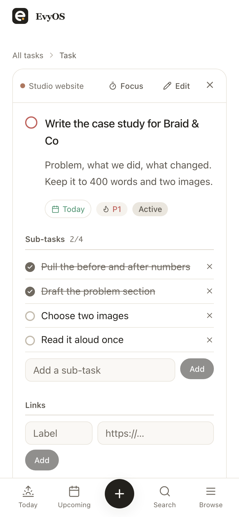 A task open in EvyOS with its project, priority, due date, subtasks and comments, on a phone