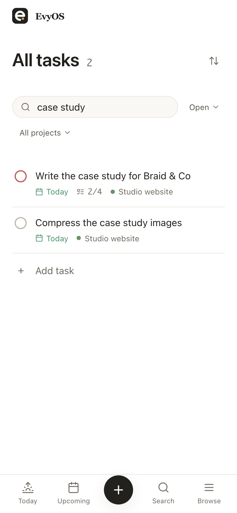 The all-tasks view in EvyOS with filters applied, showing tasks grouped with their projects, priority rings and due chips, on a phone