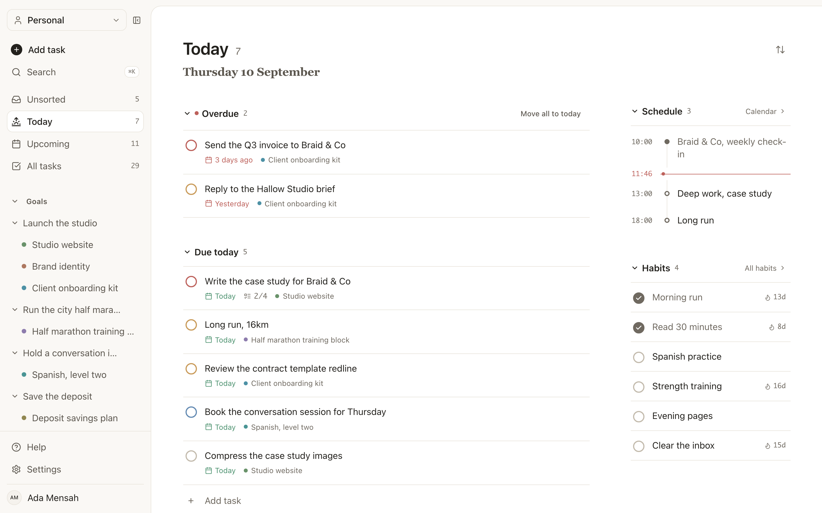 The Today view in EvyOS: overdue tasks split out at the top, then what is due today, the day's habits, and the calendar