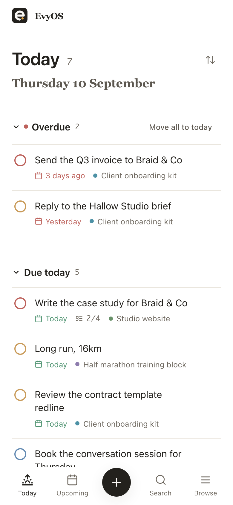 The Today view in EvyOS: overdue tasks split out at the top, then what is due today, the day's habits, and the calendar, on a phone