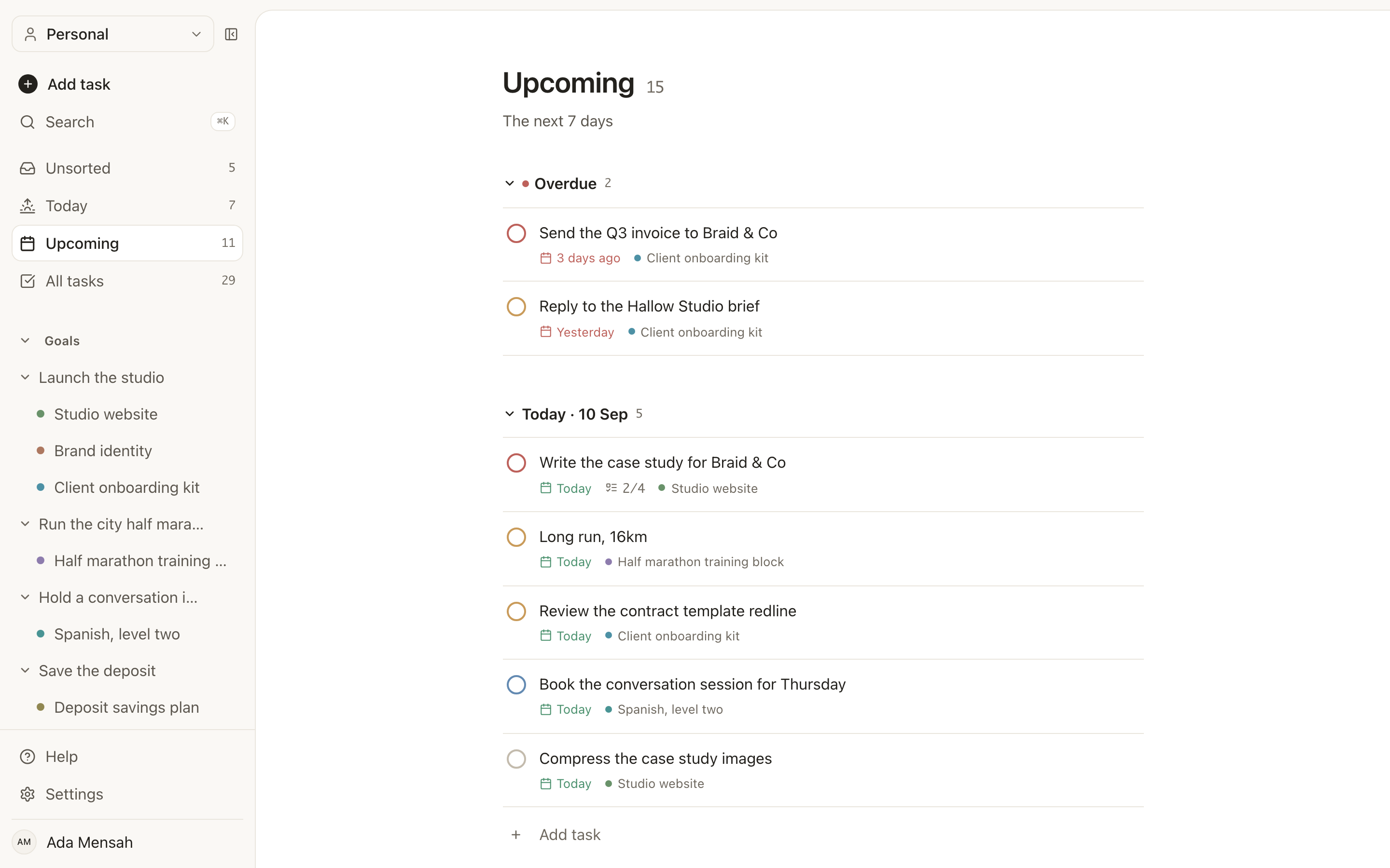 The Upcoming view in EvyOS, showing the next fortnight of tasks with one section per day