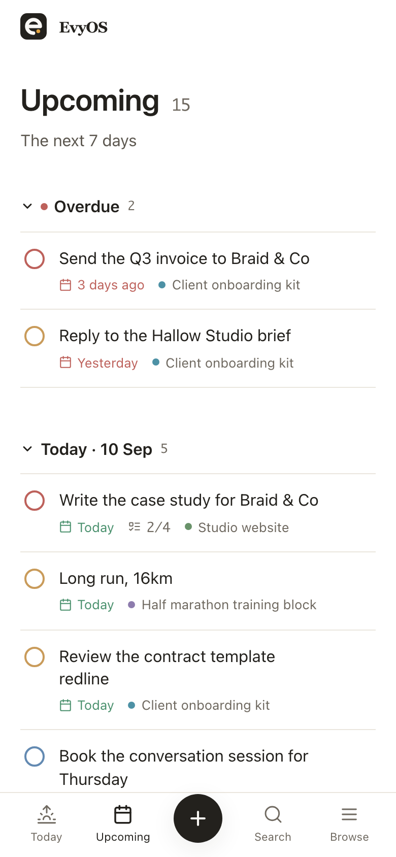 The Upcoming view in EvyOS, showing the next fortnight of tasks with one section per day, on a phone