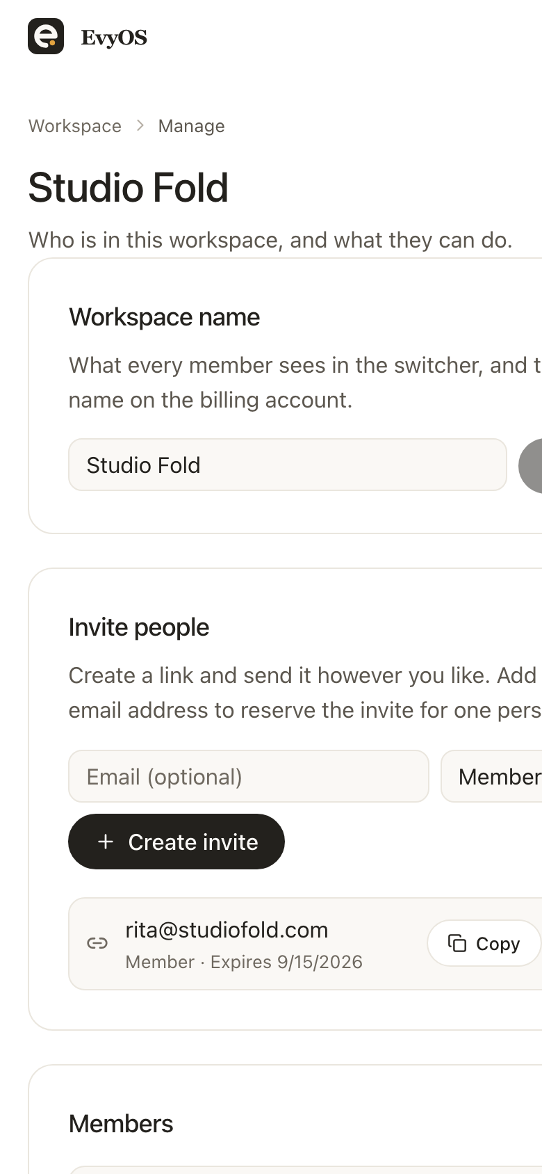Managing a workspace in EvyOS: creating an invite link, a pending invite with its expiry, and every member with their role, on a phone